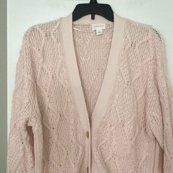 Caslon 100% Pima Cotton Pastel Petal Pink Chunky Cable Knit Cardigan Sweater Lrg - Picture 5 of 12